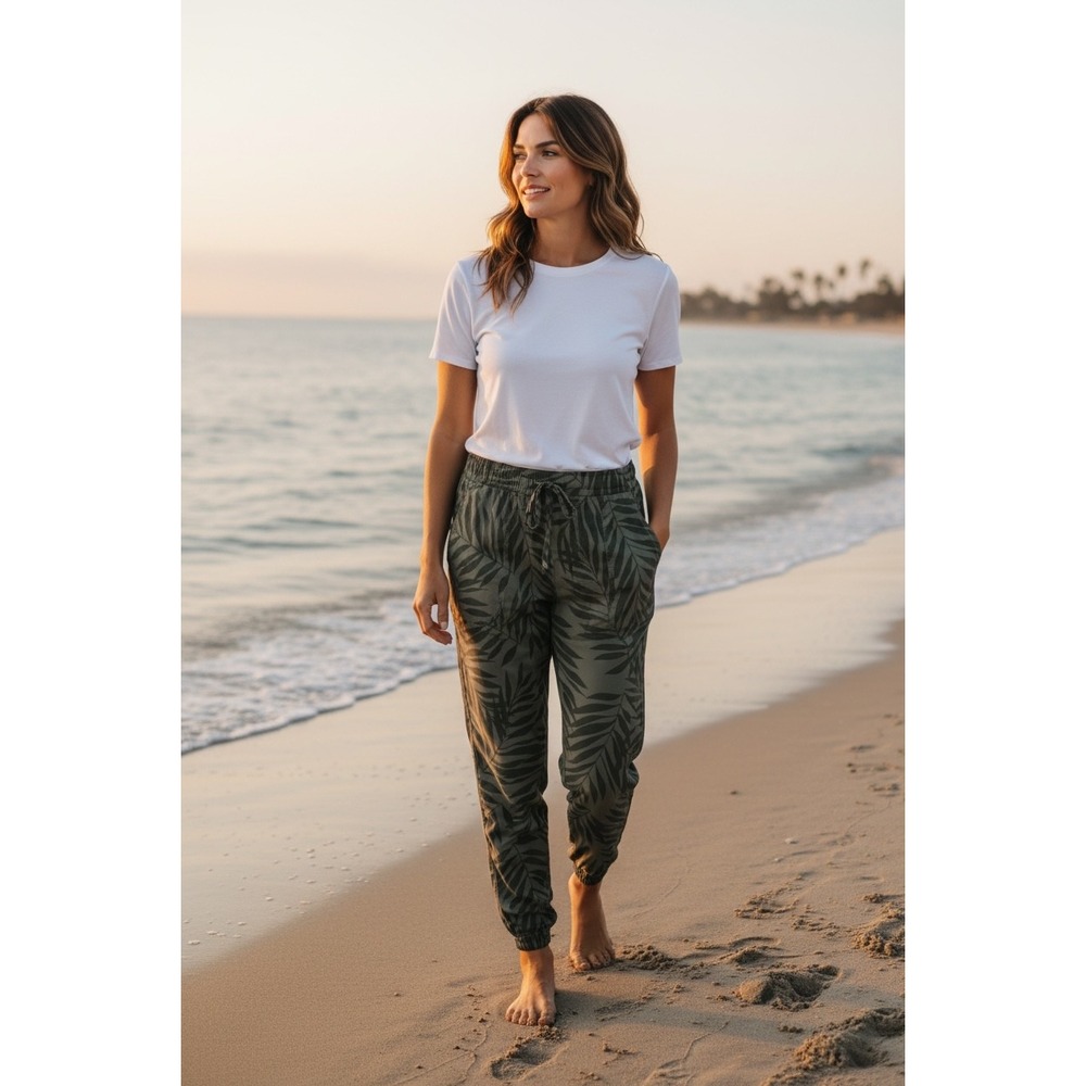 C&C California Women XS Green Leaf Print Jogger Pants Lyocell Drawstring Waist